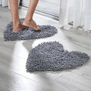 NEW Set of 2 Dark Grey Chenille Shaggy Heart Cotton Bath Mat with Anti Skid Back